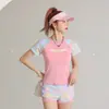 Traje de baño de dos piezas de moda estilo coreano para mujer, deportivo y conservador, de manga corta, que cubre la cadera, adelgazante, traje de baño para estudiantes para aguas termales