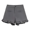 Nuevos Pantalones Grises Versátiles de Cintura Alta Pierna Ancha para Mujer, Shorts de Traje Casual Ajustados con Volantes Verano 2025
