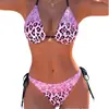 Nuevo Traje de Baño de Dos Piezas para Mujer Estilo Europeo y Americano Comercio Exterior Transfronterizo, Sexy Estampado de Leopardo, Dulce Cuello Halter, Traje de Baño con Lazo Ajustable