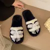 Chinelos planos de algodão felpudo com biqueira aberta, chinelos com laço para meninas, para uso doméstico, chinelos pretos de pelúcia para interior