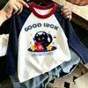 Camiseta de Manga Larga con Estampado de Dibujos Animados para Niñas, Nuevo Estilo Primavera y Otoño, Camiseta Básica de Patchwork de Colores de Moda y Versátil para Niños Mayores