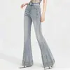 Jeans de Mujer Personalizados para Primavera y Otoño, Color Azul Claro, de Tiro Alto, Acampanados, con Decoración de Perlas, Estilo Chica Popular, Pantalones Largos con Sentido del Diseño