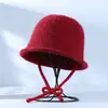 Sombrero de Pescador de Punto Sólido Versátil para Mujer, Estilo Coreano, Otoño e Invierno, con Cordón, Sombrero de Pescador de Lana de Moda para Adelgazar el Rostro