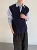 Chaleco de punto azul oscuro con cuello en V para hombre, otoño, estilo retro japonés, estilo universitario, camisola para superponer, sensación de alta gama, abrigo tipo suéter