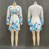 Vestido Nuevo Estampado de Cuello en V para Comercio Transfronterizo Independiente, Mangas Abullonadas a la Moda, Falda Corta de Cintura Alta, Ropa para Mujer Estilo Europeo y Americano