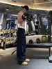 Calça de Moletom Fitness Azul Marinho Estilo Americano para Homens, Calça Casual Reta Bordada Cleanfit, Calça de Treino Flare