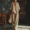 Conjunto de dos piezas de moda casual transfronteriza europea y americana para mujer, color liso, cuello en V, holgado, manga corta, pantalones largos casuales