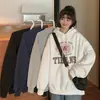 Moletom Novo Estilo para Mulheres no Outono e Inverno Estilo Coreano Solto Estilo Preguiçoso Estampa de Letras Versátil Top com Capuz Plus Veludo Moletom de Estudante
