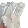Calcetines Finos Estilo Coreano para Primavera y Verano, Calcetines de Malla Color Crema Holgados con Lazo, Cintas Laterales y Calcetines de Media Pantorrilla Calados en Forma de Corazón
