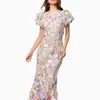 Vestido de Primavera 2027 Nuevo Estilo Transfronterizo Lujo Ligero Cuello Redondo Bordado Floral 3D Mangas Abullonadas Longitud Media Vestido Bodycon