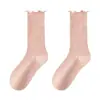 Calcetines blanco leche calcetines de tubo medio para mujer primavera y verano Joker color liso calcetines de felpa calcetines de punto de lunares calcetines de luna lateral de oreja de madera venta al por mayor