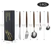 Talheres Ocidentais de Aço Inoxidável Conjunto Combinado de 4 Peças Faca, Garfo e Colher Cabo com Padrão de Madeira Imitação Faca de Churrasco Colher de Sobremesa e Garfo Talheres