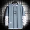 Sudadera de Primavera y Otoño para Hombre, Marca de Moda, Corte Holgado, Camiseta de Cuello Redondo, Camisa de Manga Larga Estilo Dos Piezas Falsas, Chaqueta, Manga Corta Estilo Hong Kong