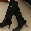 Nuevas botas largas de ante de punta fina, estilo retro francés, versátiles para mujer, con diseño plisado, hebilla de cinturón y tacones altos