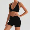 Conjunto de Sutiã Esportivo de Manga Curta com Gola Halter e Bolso para Corrida e Yoga Calça Longa e Curta para Mulheres