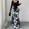 Vestido ajustado de manga larga con estampado y retazos de moda de verano transfronteriza europea y americana 2026, vestido largo de corte ceñido
