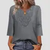 Top de Manga Tres Cuartos con Encaje, Color Sólido, Cuello en V, Estilo Camiseta, Empalmado, Corte Holgado, para Mujer, Europeo y Americano, Primavera/Verano 2026