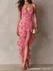 2026 Novo Atravessamento Europeu e Americano Amazon Vestido de Noite Puro Sexy com Estampa de Rosas em Renda e Fenda Lateral