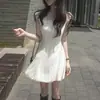 Vestido de Chifón Petite con Lunares Estilo Francés Chic Coreano, Mangas Cortas Volantes, Encaje Fruncido para Ceñir la Cintura