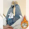 Calça Jeans Wide Leg de Cintura Alta Azul Claro para Mulheres, Novo Estilo Outono e Inverno 2025, Caimento Solto, Emagrecimento, Caimento Fluido, Forrada com Fleece, Perna Reta, Comprimento até o Chão