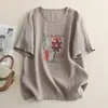 Toma Real de Tops de Algodón y Lino Estampados Vintage para Mujer, Suéter Holgado de Cuello Redondo y Manga Media, Camiseta Versátil y Transpirable para Mujer