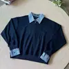 Sudadera de cuadros azul marino de dos piezas falsas de manga larga para hombre en primavera y otoño Cleanfit Pareja Holgada Casual Top con Solapa