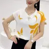 Camisa Floral Feminina Verão 2024 Top Acinturado com Design Único, Manga Curta Fina Versátil Estilo para o Trabalho