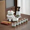 Juego de Té Kung Fu Semi-Automático Vintage de Gama Alta, Lujo Ligero Retro Montaña Verde y Pájaro Volador Juego Completo Cerámica Juego de Regalo, Personalizable
