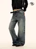 Jeans Azules Retro Vintage Americanos Yongfang para Mujer, Corte Holgado, Lavados con Efectos de Bigotes, Modernos, Plisados, Casuales, Corte Ajustado, Pantalones de Largo Completo