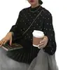 Chic Coreano Retro Francés Lunares Blanco y Negro Cuello Alto Medio Holgado Mangas Abullonadas Camisa Base Top para Mujer