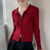 Cárdigan de punto con cuello polo para mujer, nuevo para principios de otoño, de manga larga, ajustado, con solapa, top con cremallera, suéter, chaqueta corta para mujer