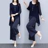 Terno largo para cobrir a barriga de senhora, estilo ocidental, calças de duas peças, pernas largas, tamanho grande, para meninas gordinhas, blusa solta de chiffon emagrecedora para o verão