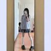 Traje para Mujer Camisa Azul de Manga Corta para Mujer Verano Estilo Universitario Dulce Holgada de Color Sólido Camisa Estilo Coreano Top Plisado