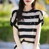 Camiseta de Manga Corta Rayada de Seda de Hielo para Mujer Verano Delgada Nicho Transpirable Tejido Superior Holgado Talla Grande Casual Cubre Vientre Superior