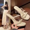 Sandalias de Tacón Alto con Lazo Estilo Francés Nuevas de Punta Abierta Versátiles de Punta Cuadrada Sandalias de Tacón Grueso de Verano Moda Elegante Ropa para Exteriores