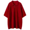 Suéter de punto de cachemira pura con cuello polo, botones al frente, puños enrollados, manga corta, estilo casual para mujer, corte holgado