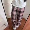 Pantalones casuales a cuadros retro americanos para hombre y mujer, cinturón de letras de verano, pantalones de pierna ancha empalmados, corte holgado, con caída, pierna recta, pantalones largos hasta el suelo
