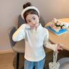 Blusas para Meninas Primavera e Outono 2025 Nova Moda Suéter Infantil Grande Tricotado com Botão Chinês Camisa de Base