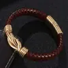 Pulseira de titânio de aço trançado estilo europeu e americano, pulseira de pulso de couro masculina, fivela magnética de aço inoxidável, pulseira de 8 palavras, Pulseira, Preto