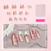 Caja de 30 Piezas de Uñas Postizas Premium Ojo de Gato Cereza y Almendra, Puntas de Uñas con Diseño de Cuadrícula de Cerezas Pintadas a Mano Estilo Francés