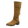 Botas longas retrô para mulheres, com fivela de cinto, salto grosso e design plissado e franzido. Nova coleção outono/inverno 2026, botas de cano alto