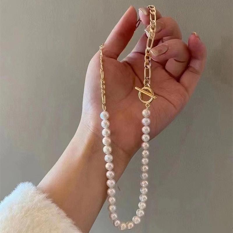 近圆天然淡水珍珠拼接项链高级感轻奢14k注金OT扣锁骨链夏季新款