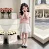 Conjunto de Dos Piezas de Verano para Niña Grande Estilo Coreano Delgado Casual Camiseta de Manga Corta con Estampado de Letras y Falda Corta con Adorno de Encaje Dulce