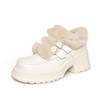 Zapatos Pequeños de Cuero Peludos de Suela Gruesa a Cuadros Invierno 2023 Punta Redonda Tacón Alto Grueso Doble Hebilla Piel de Vaca Cálidos Planos para Mujer