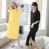 Camisola Longa de Seda Gelada de Manga Curta Feminina de Verão Cor Sólida Solta Emagrecedora Roupa de Casa Vestido Casual com Fenda