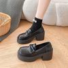 Zapatos de tacón grueso con punta redonda, combinables con todo, estilo británico, negros, suela gruesa, de cuero, para mujer, otoño 2024, nuevos, sin cordones, de una sola capa
