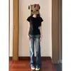 Jeans slim de corte reto estilo americano para mulheres, novo modelo primavera-verão 2026, com lavagem e bordas desfiadas, fluido, elástico, modelador, calça levemente flare