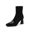 Botines Elásticos de Gamuza Marrones de 7 cm Estilo Británico Versátiles Puntera Cuadrada Cierres Metálicos Cremallera Trasera de Moda