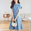 Vestido de Mezclilla Delgado de Seda Hielo con Diseño de Capullo de Algodón para Mujer, Nuevo Estilo de Verano, Elegante Vestido Camisa Ceñido a la Cintura con Diseño de Retazos