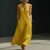 Primavera Verão 2026 TikTok Transfronteiriço Europa América Estilo Preguiçoso Decote V Botões Sem Mangas Colete Algodão Linho Vestido Casual